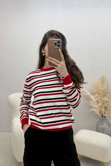 STRIPE DESIGN ROUND NECK WOMEN SWEATER WHITE-E BARDHE - KLAUDIO FASHION