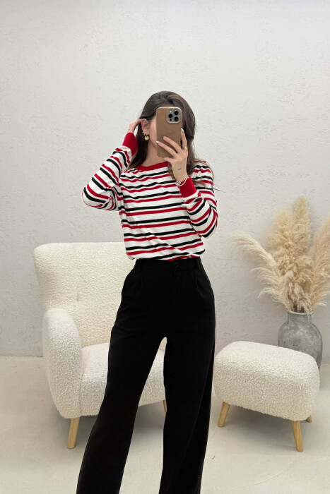 STRIPE DESIGN ROUND NECK WOMEN SWEATER WHITE-E BARDHE - 2