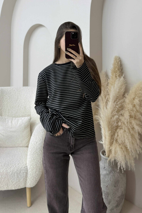 STRIPE DESIGN ROUND NECK WOMEN SWEATSHIRT BLACK/ E ZEZE - 1