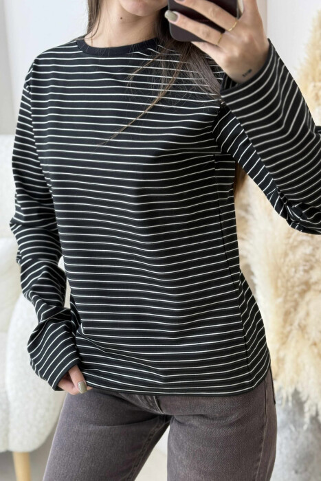 STRIPE DESIGN ROUND NECK WOMEN SWEATSHIRT BLACK/ E ZEZE - 2