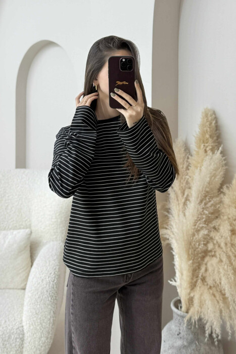 STRIPE DESIGN ROUND NECK WOMEN SWEATSHIRT BLACK/ E ZEZE - 4