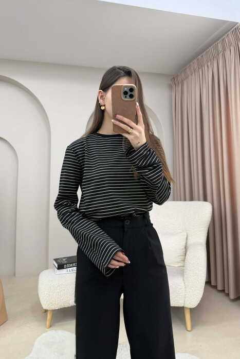STRIPE DESIGN ROUND NECK WOMEN SWEATSHIRT BLACK/ E ZEZE - 4