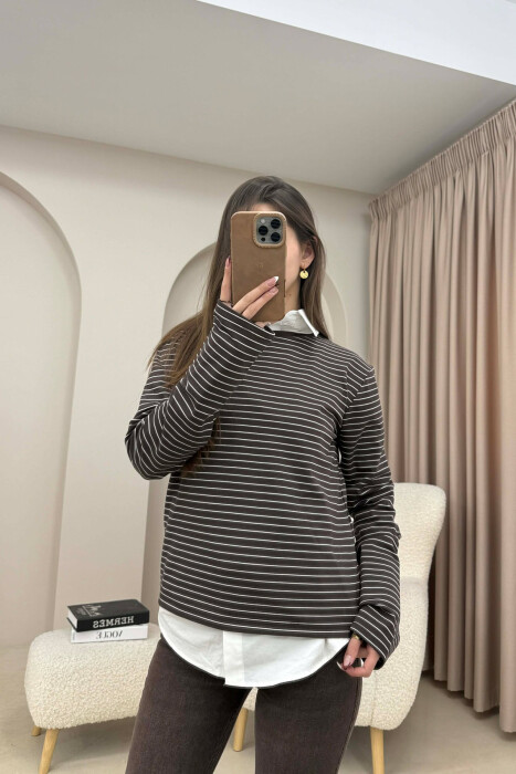 STRIPE DESIGN ROUND NECK WOMEN SWEATSHIRT BROWN/KAFE 