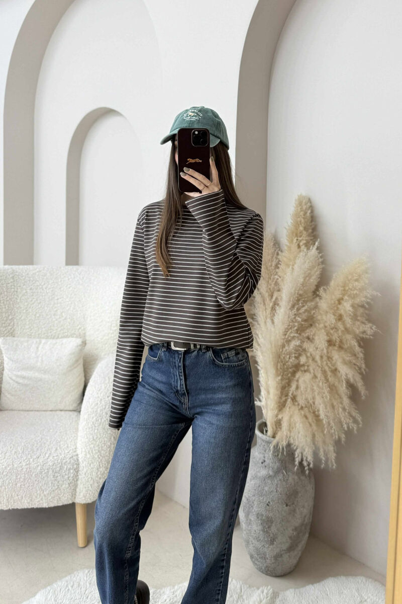 STRIPE DESIGN ROUND NECK WOMEN SWEATSHIRT BROWN/KAFE - 1