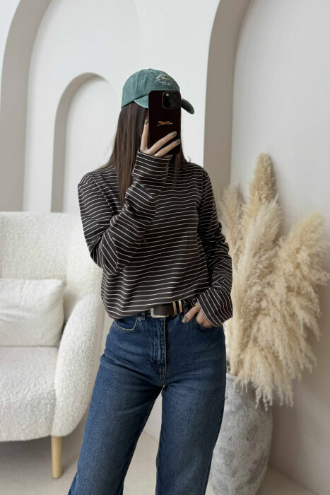 STRIPE DESIGN ROUND NECK WOMEN SWEATSHIRT BROWN/KAFE - 2