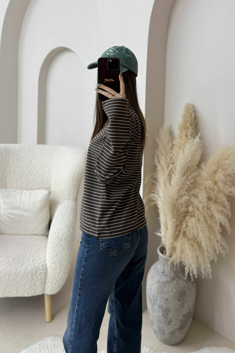 STRIPE DESIGN ROUND NECK WOMEN SWEATSHIRT BROWN/KAFE - 3