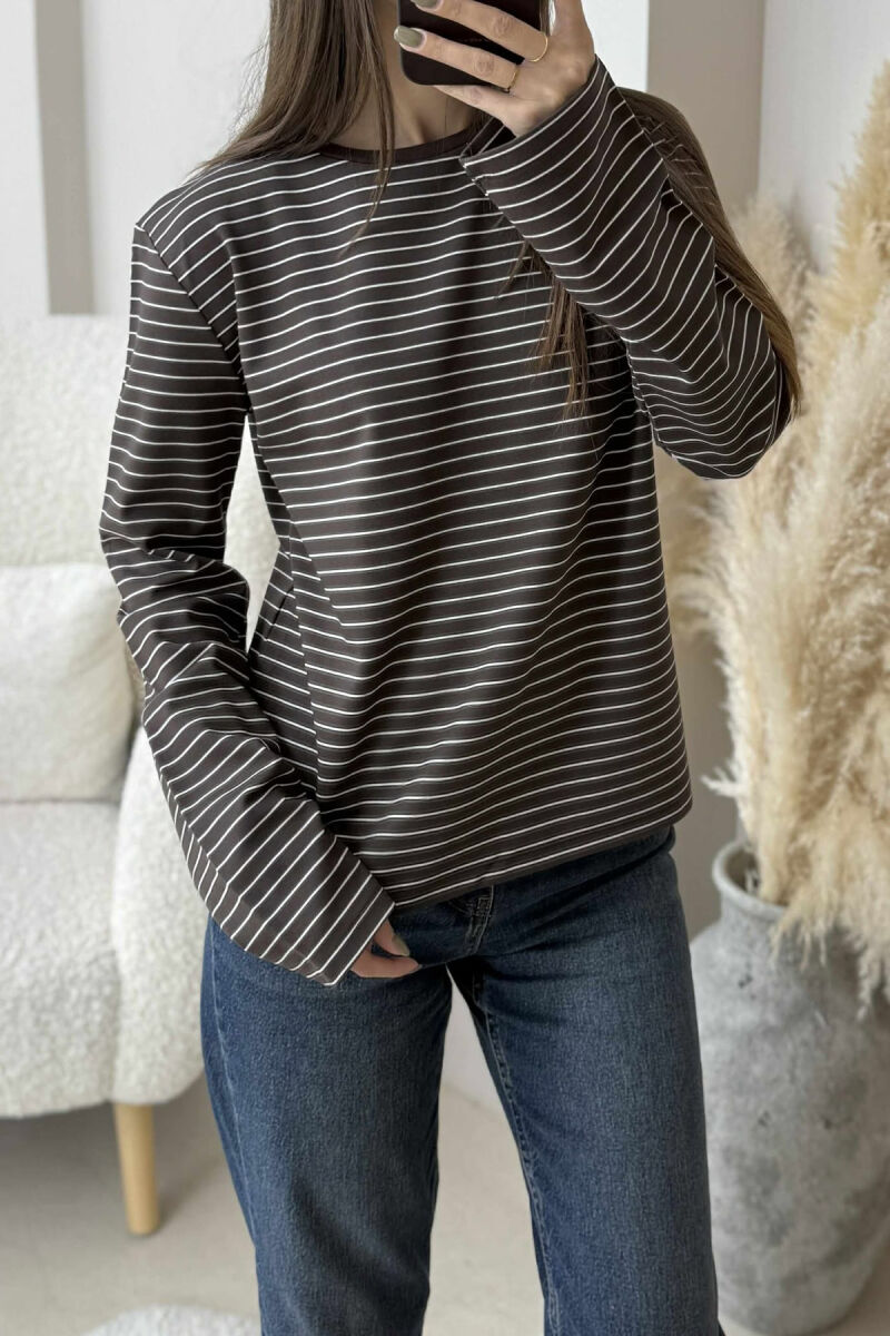STRIPE DESIGN ROUND NECK WOMEN SWEATSHIRT BROWN/KAFE - 4