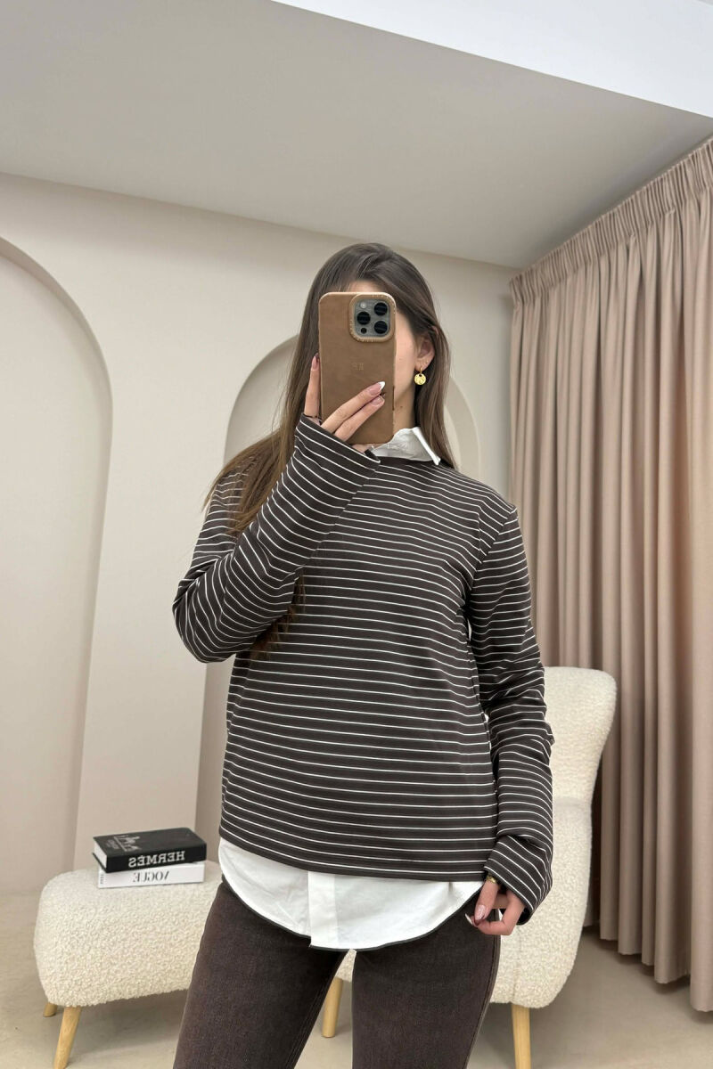 STRIPE DESIGN ROUND NECK WOMEN SWEATSHIRT BROWN/KAFE - 1