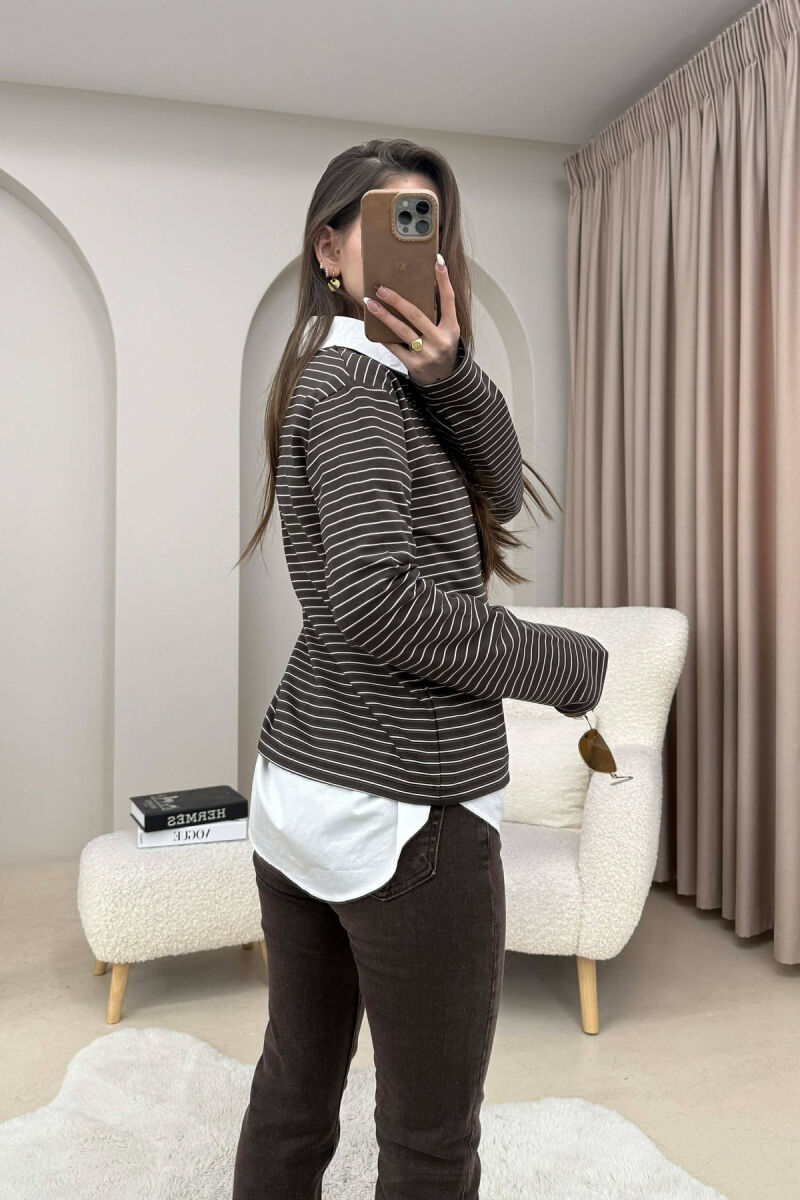 STRIPE DESIGN ROUND NECK WOMEN SWEATSHIRT BROWN/KAFE - 4