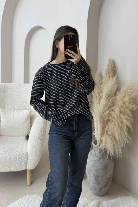 STRIPE DESIGN ROUND NECK WOMEN SWEATSHIRT DARK BLUE/BEE - KLAUDIO FASHION
