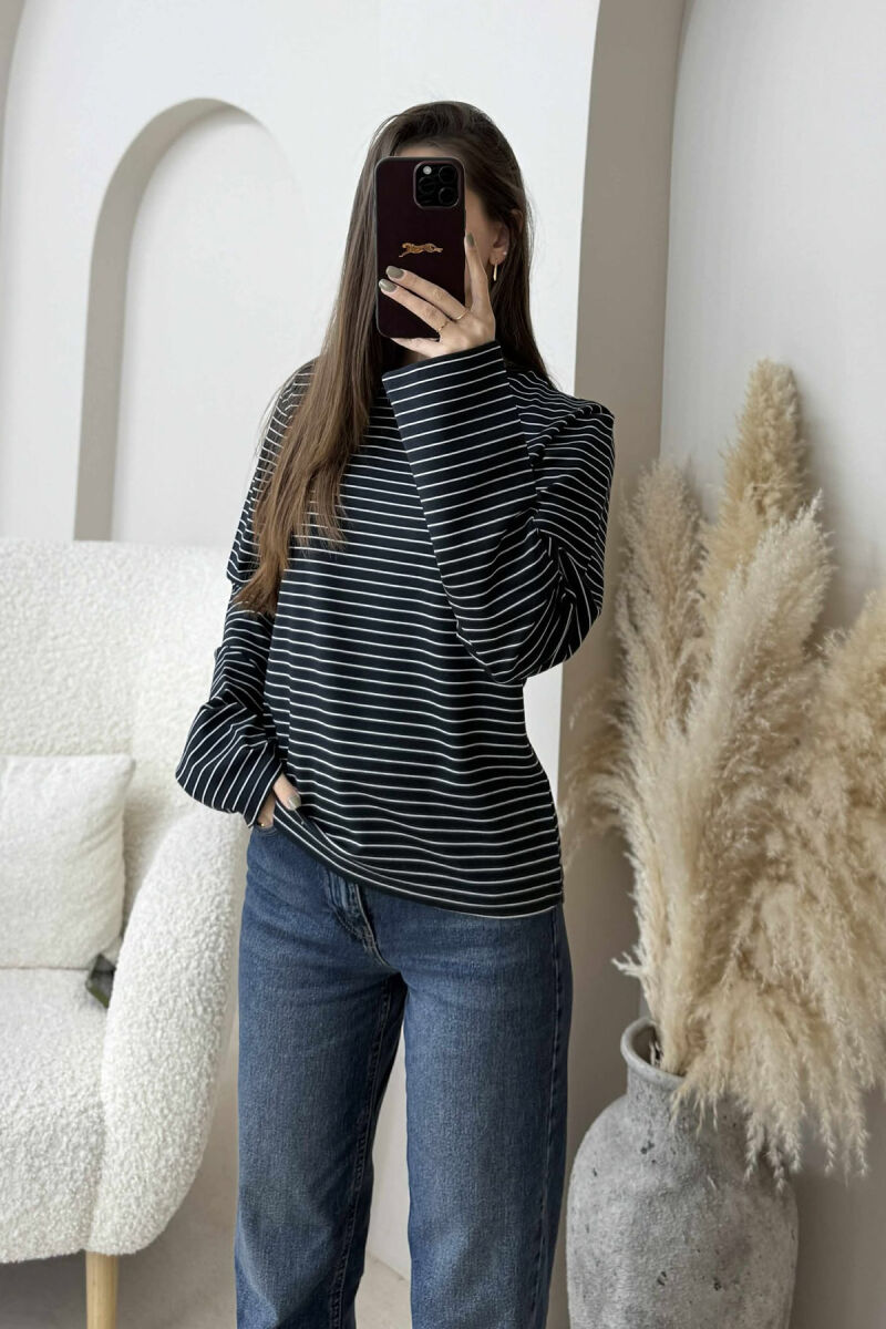 STRIPE DESIGN ROUND NECK WOMEN SWEATSHIRT DARK BLUE/BEE - 2