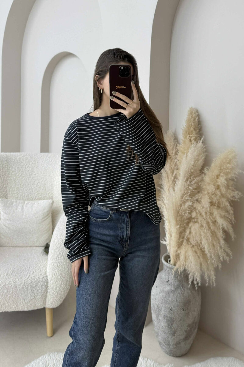 STRIPE DESIGN ROUND NECK WOMEN SWEATSHIRT DARK BLUE/BEE - 5