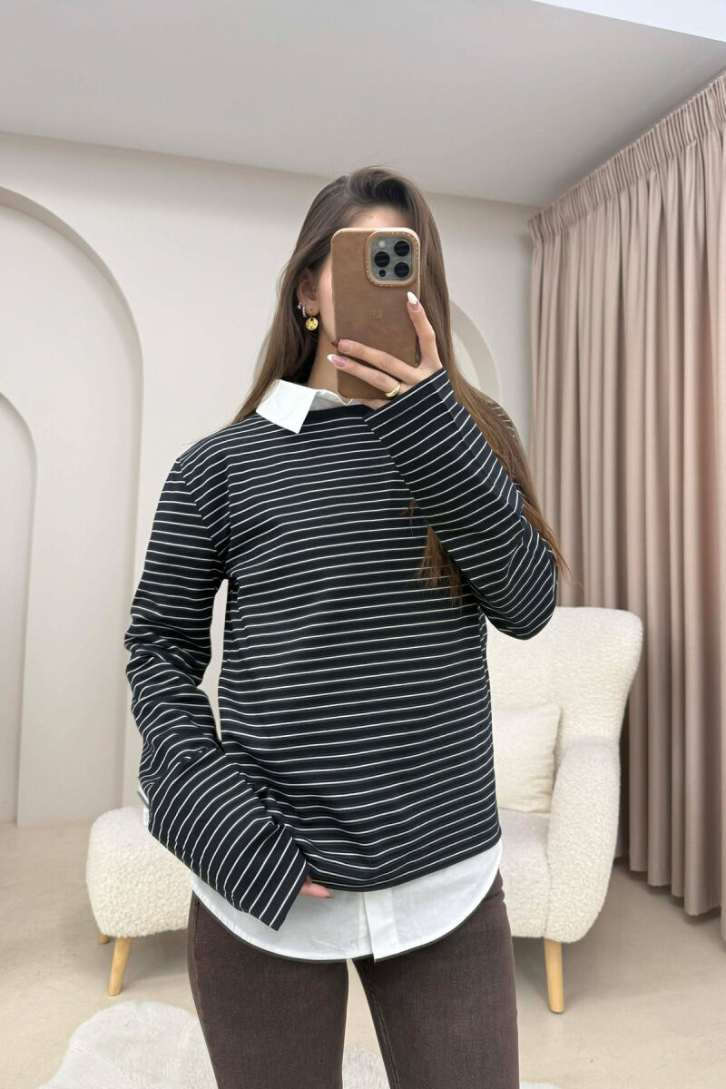 STRIPE DESIGN ROUND NECK WOMEN SWEATSHIRT DARK BLUE/BEE - 1