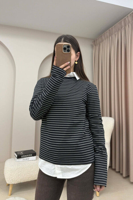 STRIPE DESIGN ROUND NECK WOMEN SWEATSHIRT DARK BLUE/BEE - 2