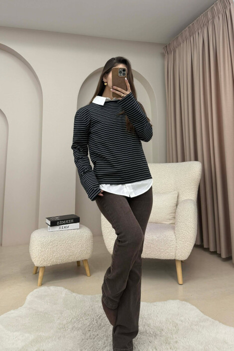 STRIPE DESIGN ROUND NECK WOMEN SWEATSHIRT DARK BLUE/BEE - 3