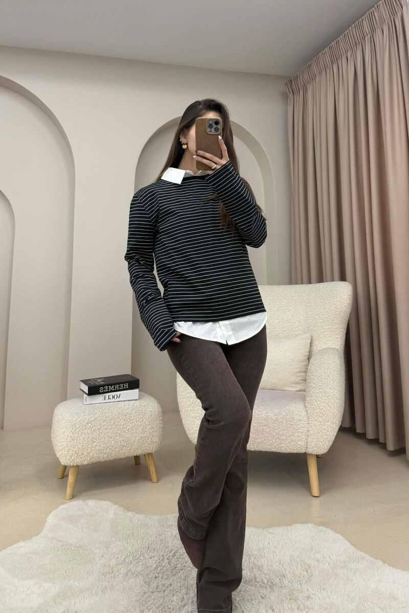 STRIPE DESIGN ROUND NECK WOMEN SWEATSHIRT DARK BLUE/BEE - 3