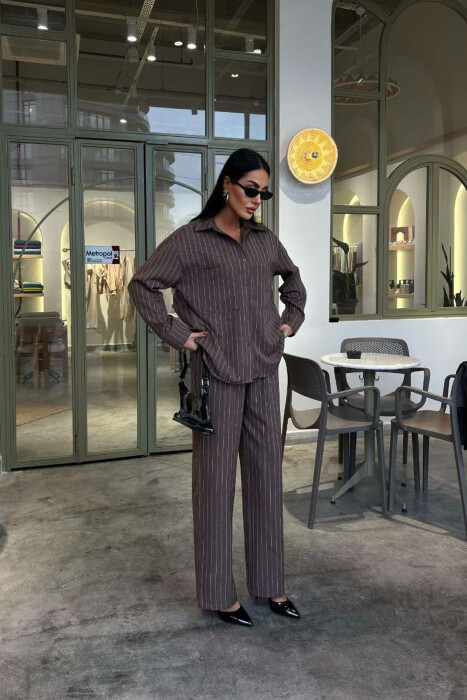 STRIPE DESIGN SHIRT+TROUSERS WOMEN SET BROWN/KAFE - 2