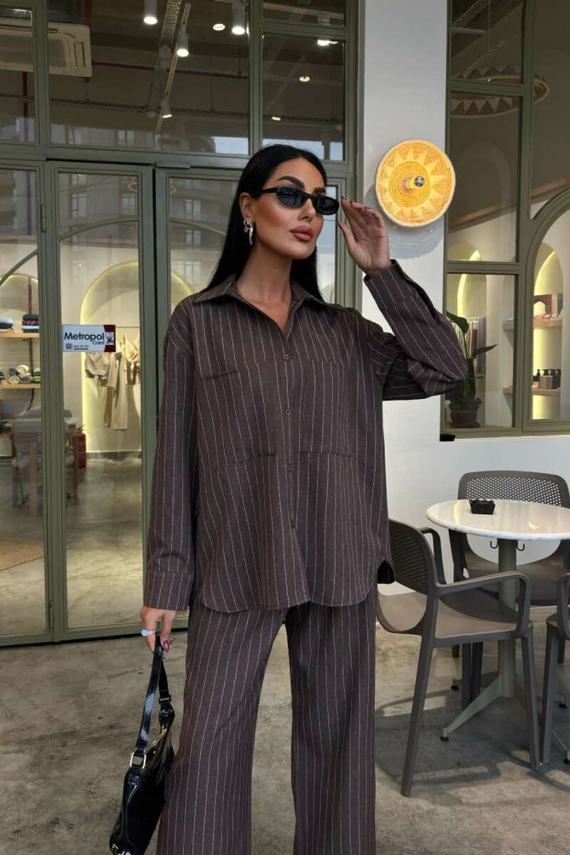 STRIPE DESIGN SHIRT+TROUSERS WOMEN SET BROWN/KAFE - 3