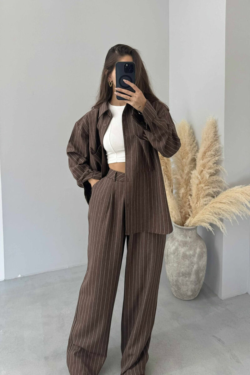 STRIPE DESIGN SHIRT+TROUSERS WOMEN SET BROWN/KAFE - 1