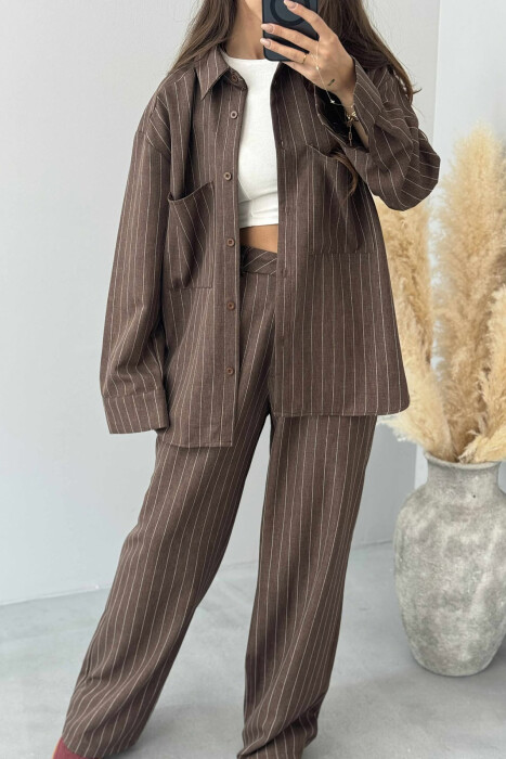 STRIPE DESIGN SHIRT+TROUSERS WOMEN SET BROWN/KAFE - 2