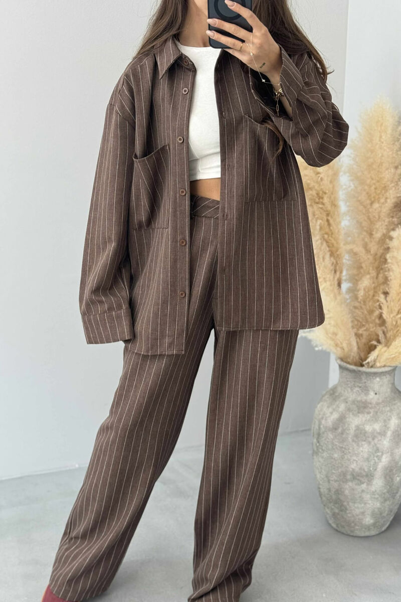 STRIPE DESIGN SHIRT+TROUSERS WOMEN SET BROWN/KAFE - 2