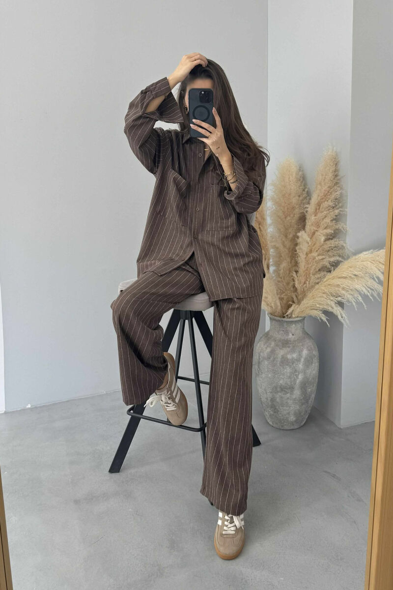 STRIPE DESIGN SHIRT+TROUSERS WOMEN SET BROWN/KAFE - 3