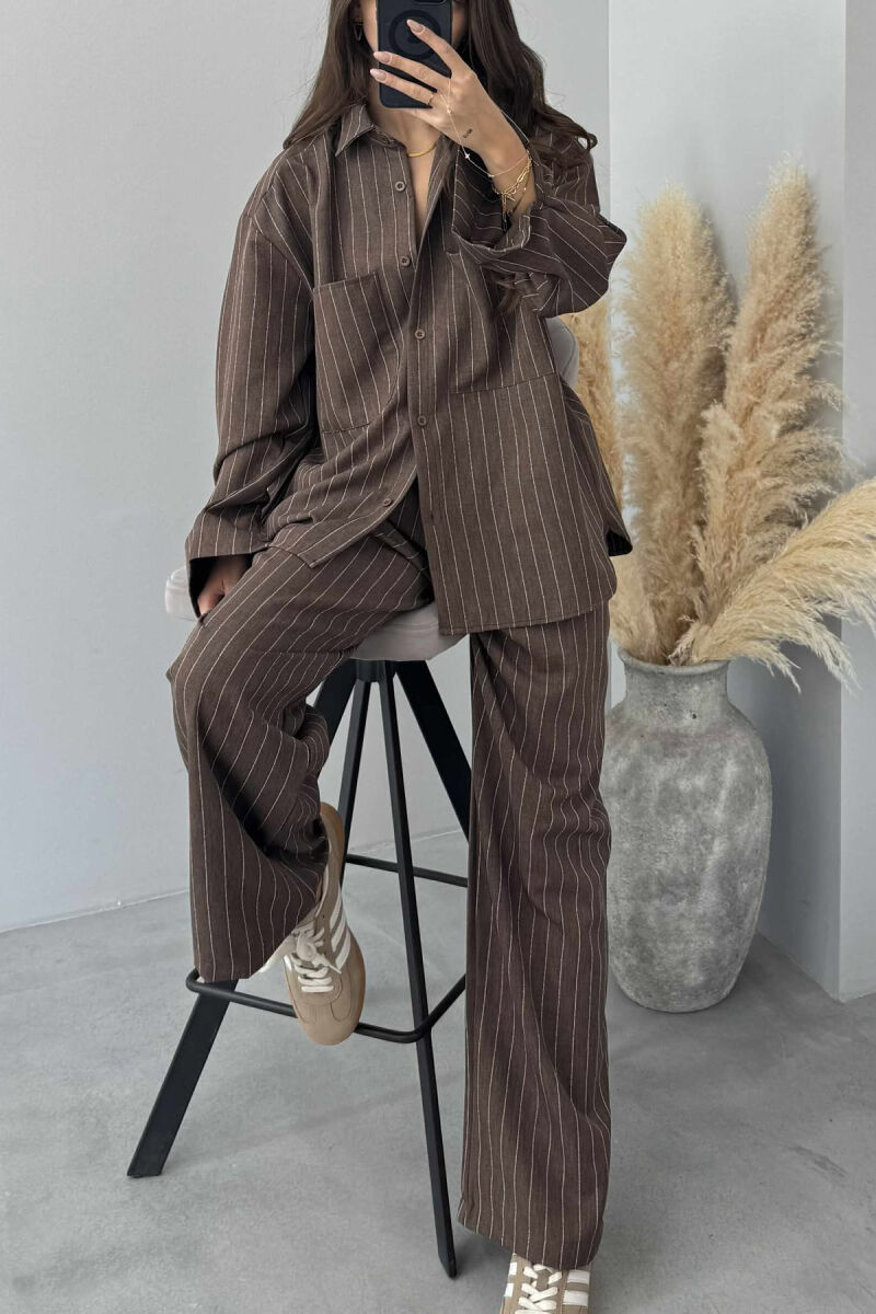 STRIPE DESIGN SHIRT+TROUSERS WOMEN SET BROWN/KAFE - 4