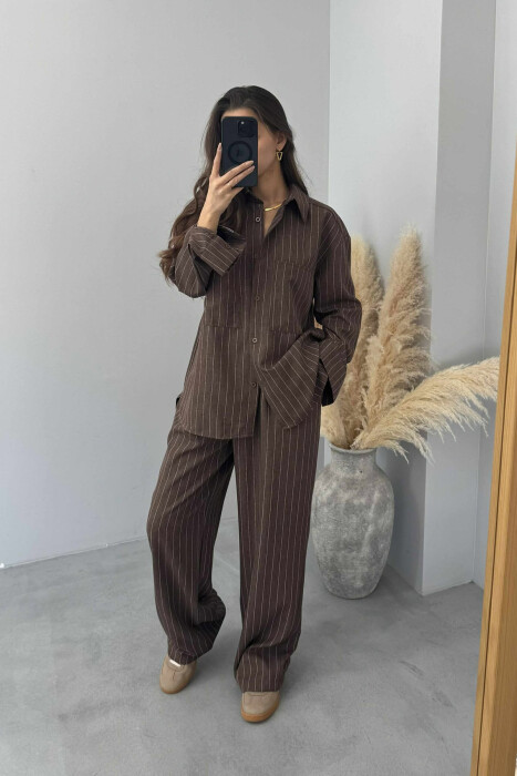 STRIPE DESIGN SHIRT+TROUSERS WOMEN SET BROWN/KAFE - 5