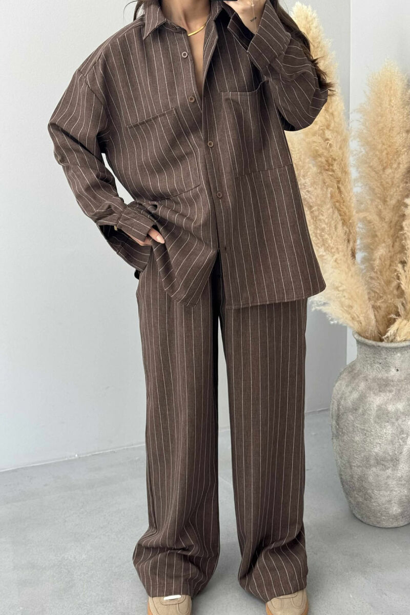 STRIPE DESIGN SHIRT+TROUSERS WOMEN SET BROWN/KAFE - 6
