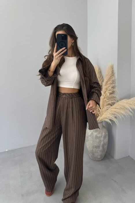 STRIPE DESIGN SHIRT+TROUSERS WOMEN SET BROWN/KAFE - 9