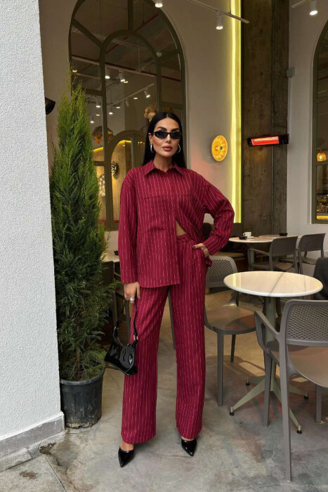 STRIPE DESIGN SHIRT+TROUSERS WOMEN SET BURGUNDY/VISHNJE - 2