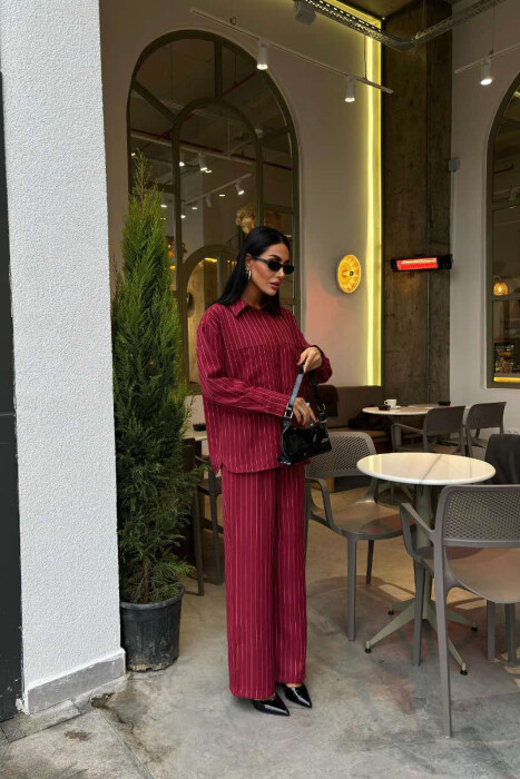 STRIPE DESIGN SHIRT+TROUSERS WOMEN SET BURGUNDY/VISHNJE - 5