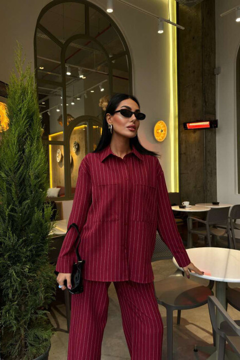 STRIPE DESIGN SHIRT+TROUSERS WOMEN SET BURGUNDY/VISHNJE - 7