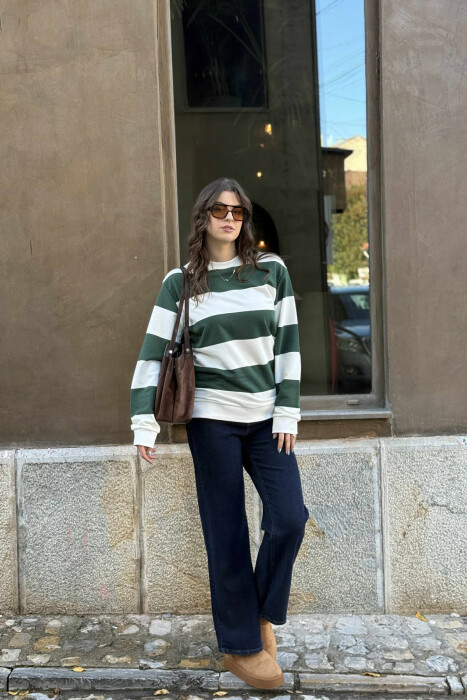 STRIPE DESIGN SIMPLE ROUND NECK WOMEN SWEATSHIRT GREEN/JESHILE - KLAUDIO FASHION