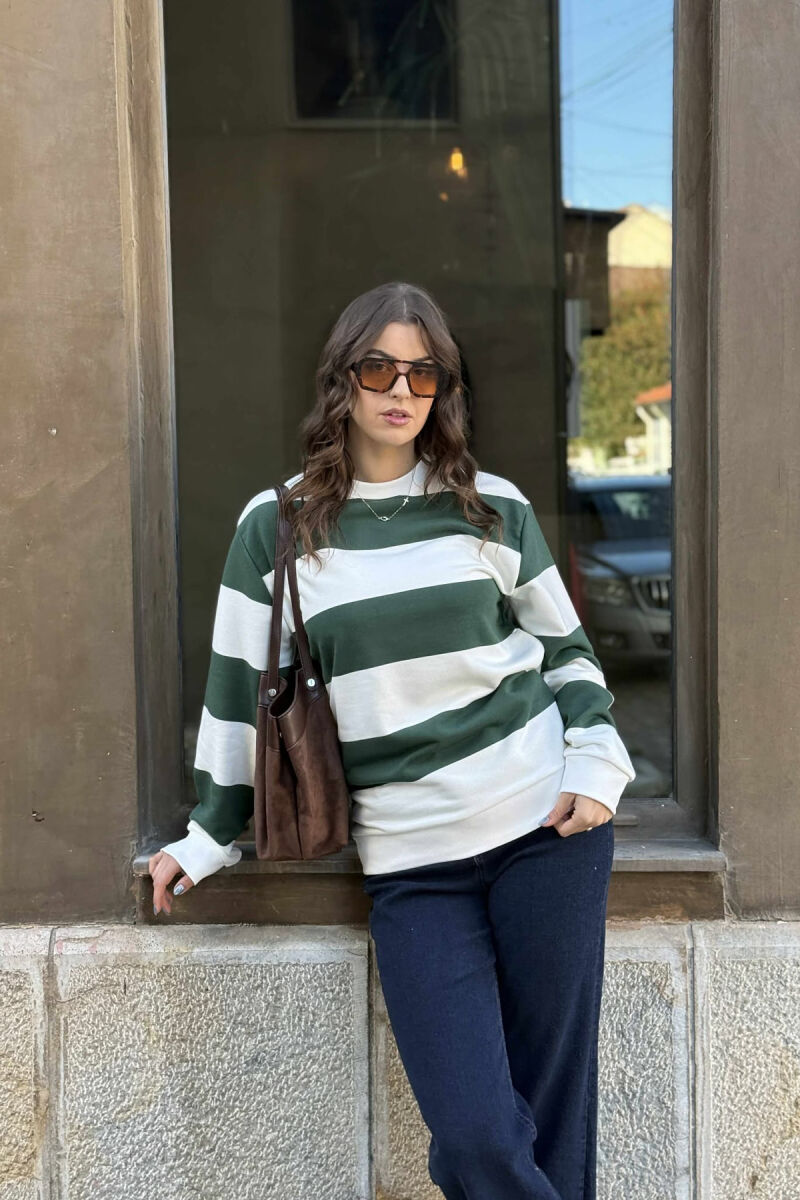 STRIPE DESIGN SIMPLE ROUND NECK WOMEN SWEATSHIRT GREEN/JESHILE - 2