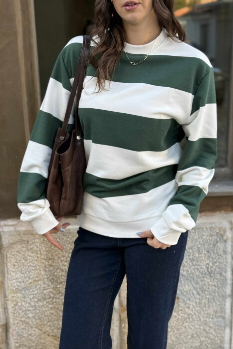 STRIPE DESIGN SIMPLE ROUND NECK WOMEN SWEATSHIRT GREEN/JESHILE - 3