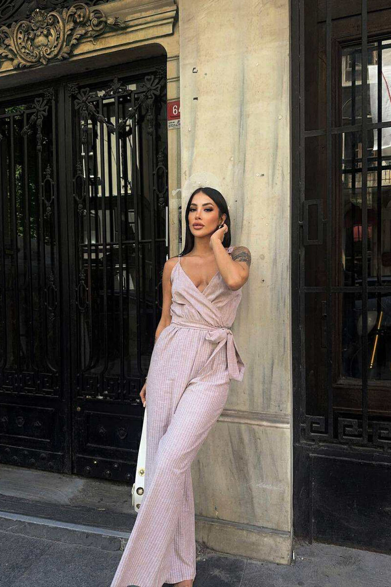 STRIPE DESIGN SIMPLE WOMEN JUMPSUIT LIGHT BROWN/KAZB - 3