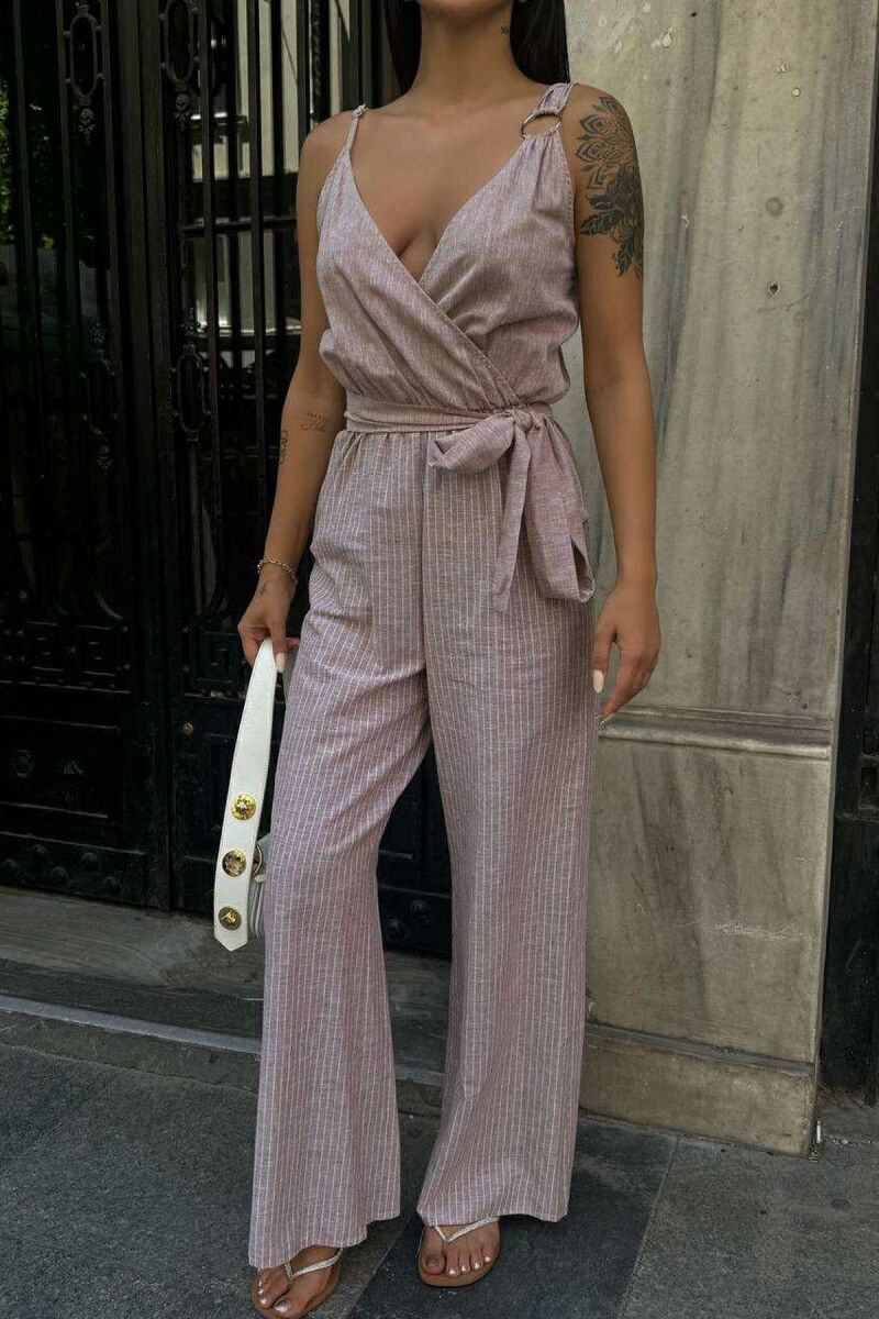 STRIPE DESIGN SIMPLE WOMEN JUMPSUIT LIGHT BROWN/KAZB - 4