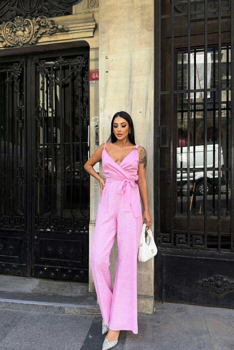 JUMPSUIT I THJESHTË ME DIZAJNIN E VIJAVE PËR FEMRA NË NGJYRËN ROZË 