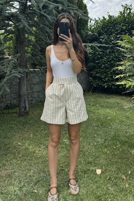 STRIPE DESIGN SIMPLE WOMEN SHORTS CREAM/KREM - 2