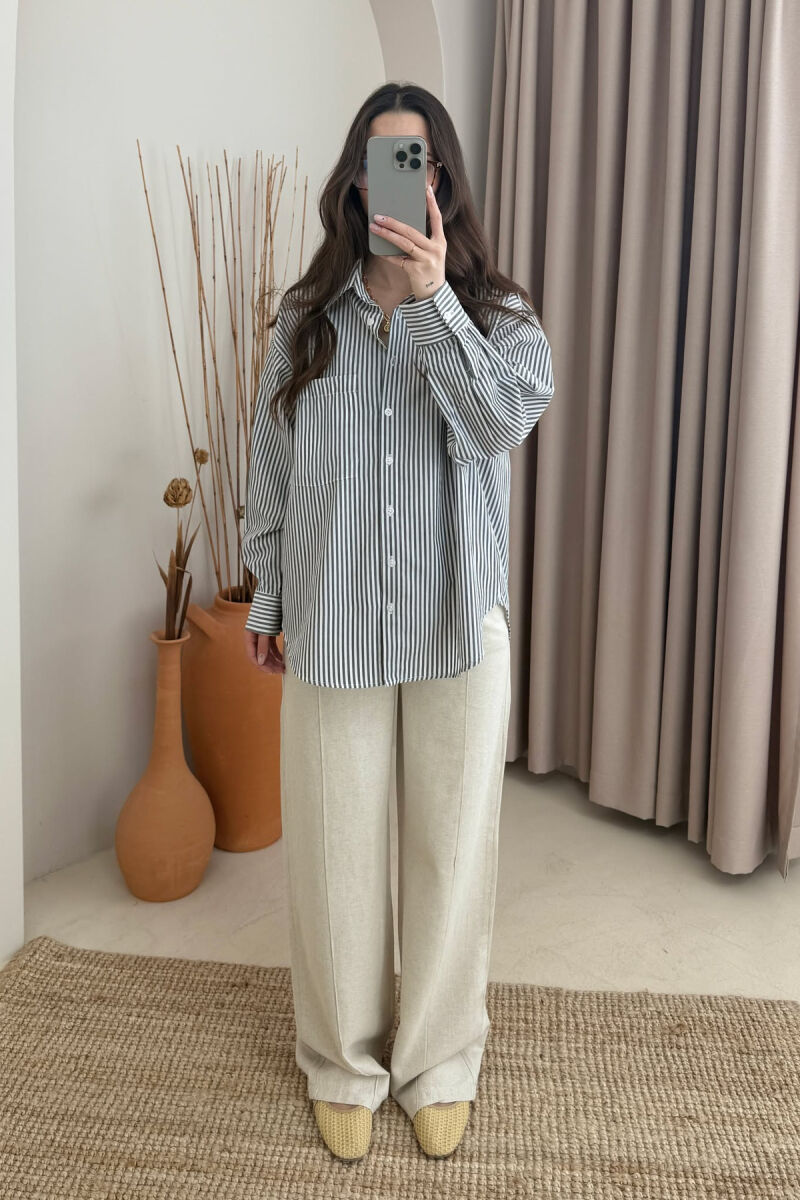 STRIPE DESIGN SINGLE POCKET WOMEN SHIRT GREY-WHITE/GRBA - 2