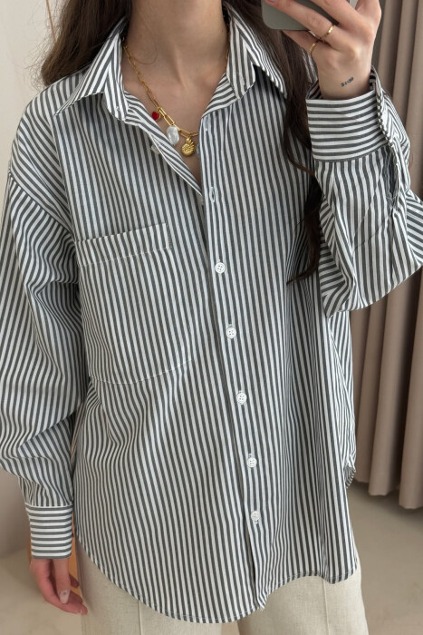 STRIPE DESIGN SINGLE POCKET WOMEN SHIRT GREY-WHITE/GRBA - 3