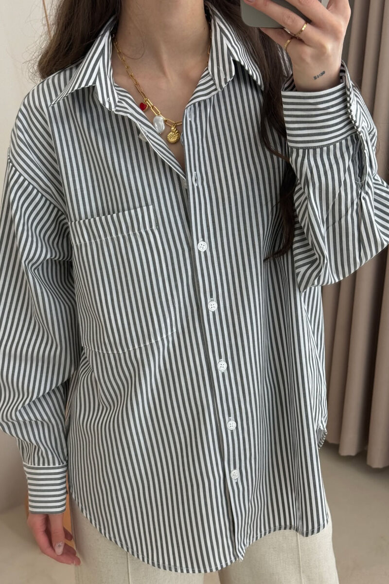 STRIPE DESIGN SINGLE POCKET WOMEN SHIRT GREY-WHITE/GRBA - 3