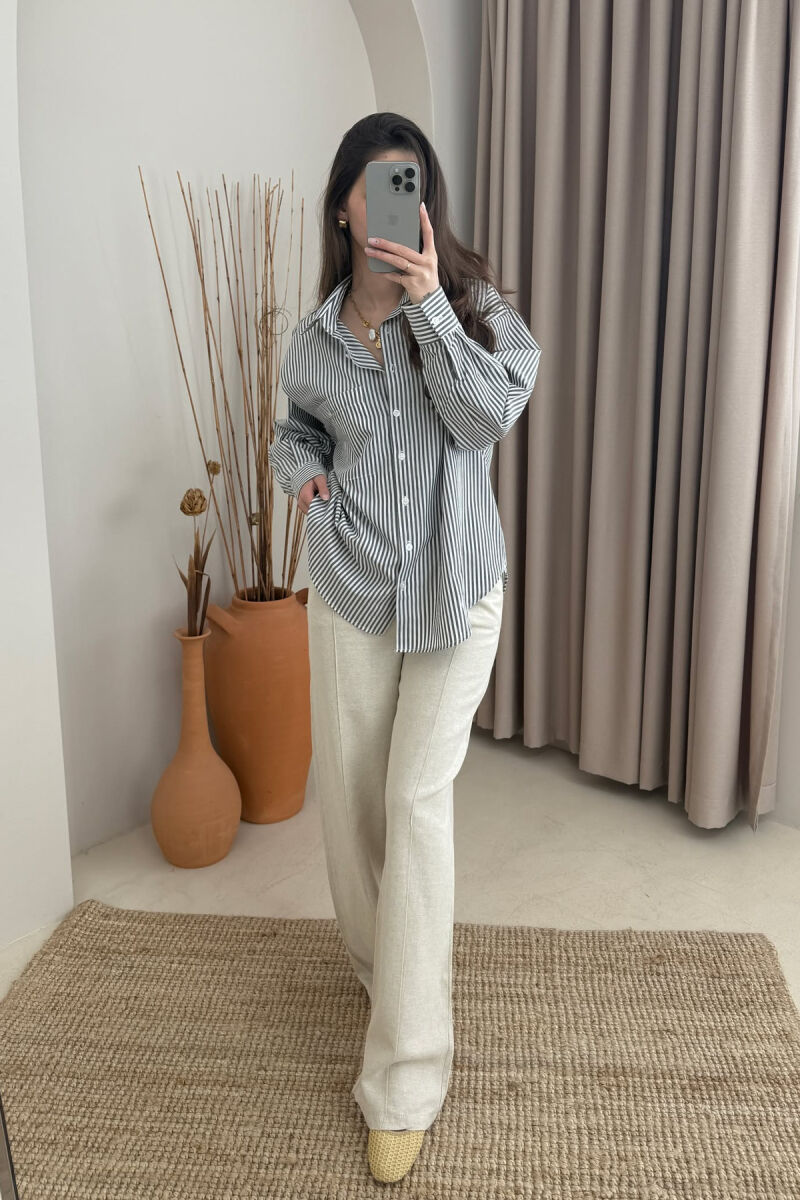 STRIPE DESIGN SINGLE POCKET WOMEN SHIRT GREY-WHITE/GRBA - 5