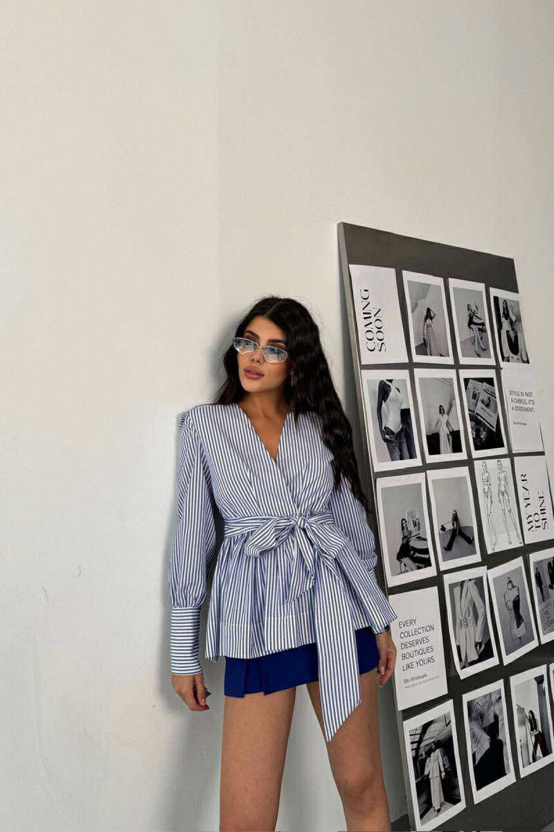 STRIPE DESIGN V NECK LACING WOMEN SHIRT BLUE/BLU - 2