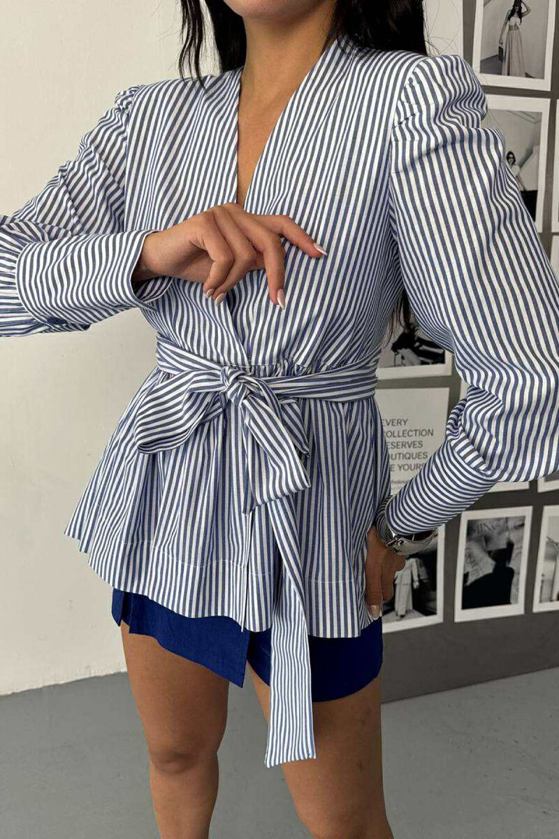 STRIPE DESIGN V NECK LACING WOMEN SHIRT BLUE/BLU - 3