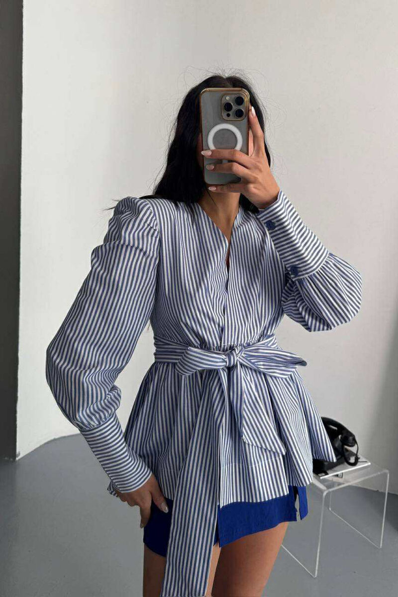 STRIPE DESIGN V NECK LACING WOMEN SHIRT BLUE/BLU - 4