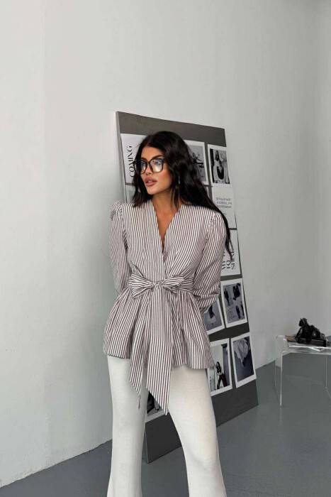 STRIPE DESIGN V NECK LACING WOMEN SHIRT BROWN/KAFE 