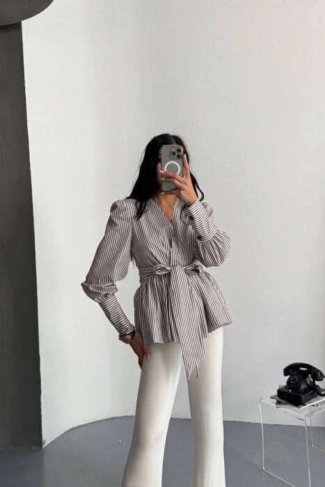 STRIPE DESIGN V NECK LACING WOMEN SHIRT BROWN/KAFE - 4