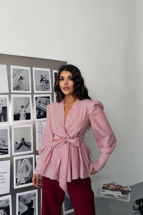 STRIPE DESIGN V NECK LACING WOMEN SHIRT RED/E KUQE - 1